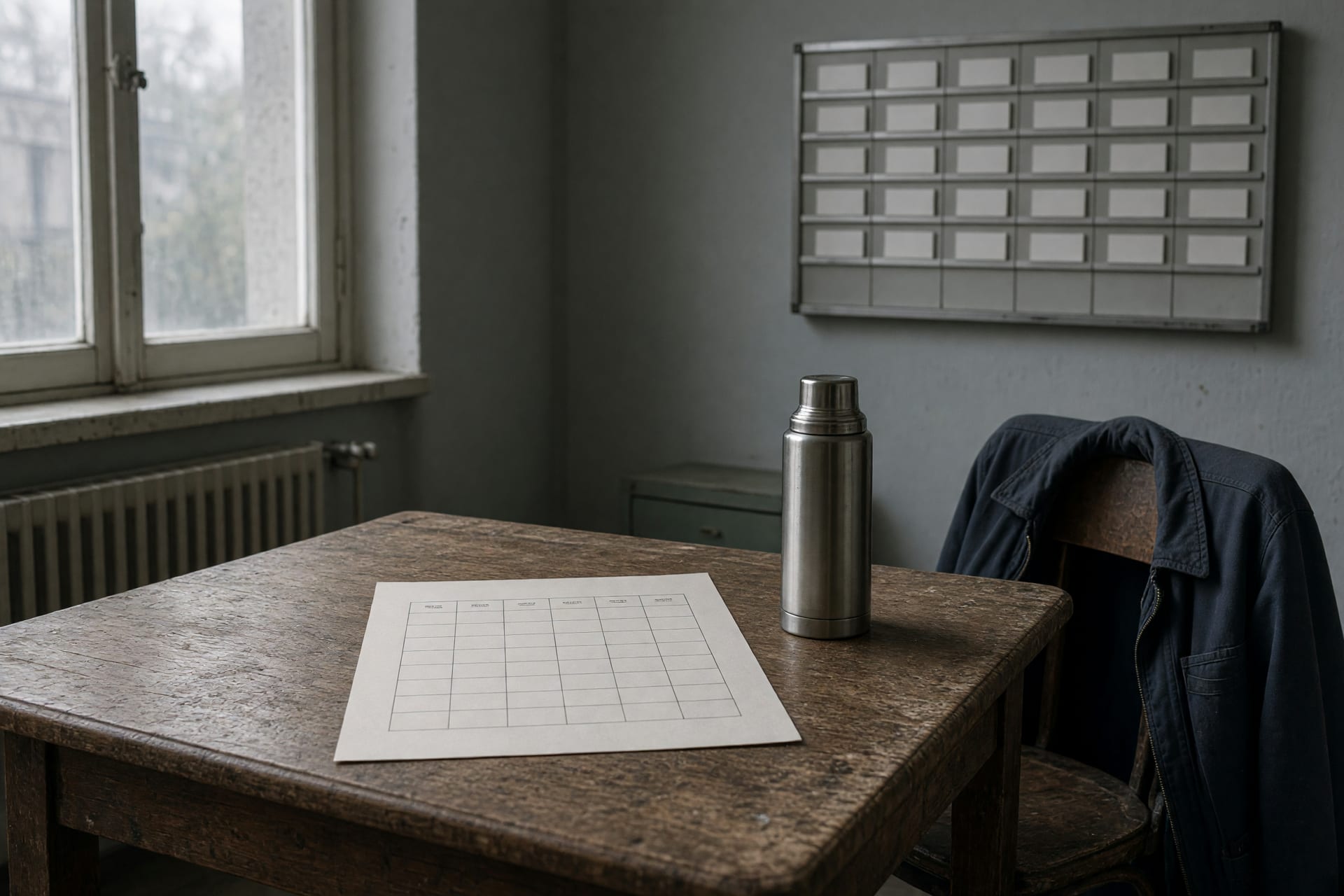 Aufgeschlagener Wochenplaner mit leeren Kästchen auf einem abgenutzten Tisch, daneben eine verschlossene Thermoskanne und eine gefaltete Arbeitsjacke.