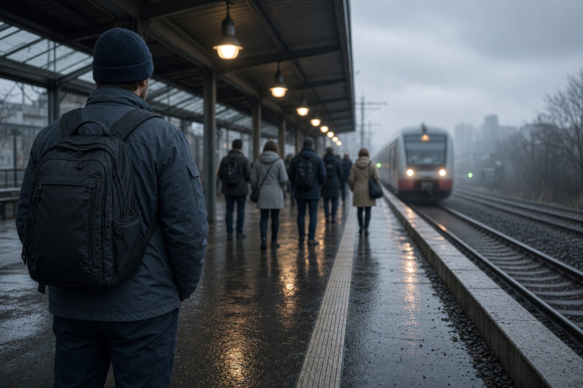 Bahnsteig einer S-Bahn-Station im Morgenlicht, im Vordergrund ein wartender Mensch mit Rucksack, im Hintergrund eine einfahrende Bahn.