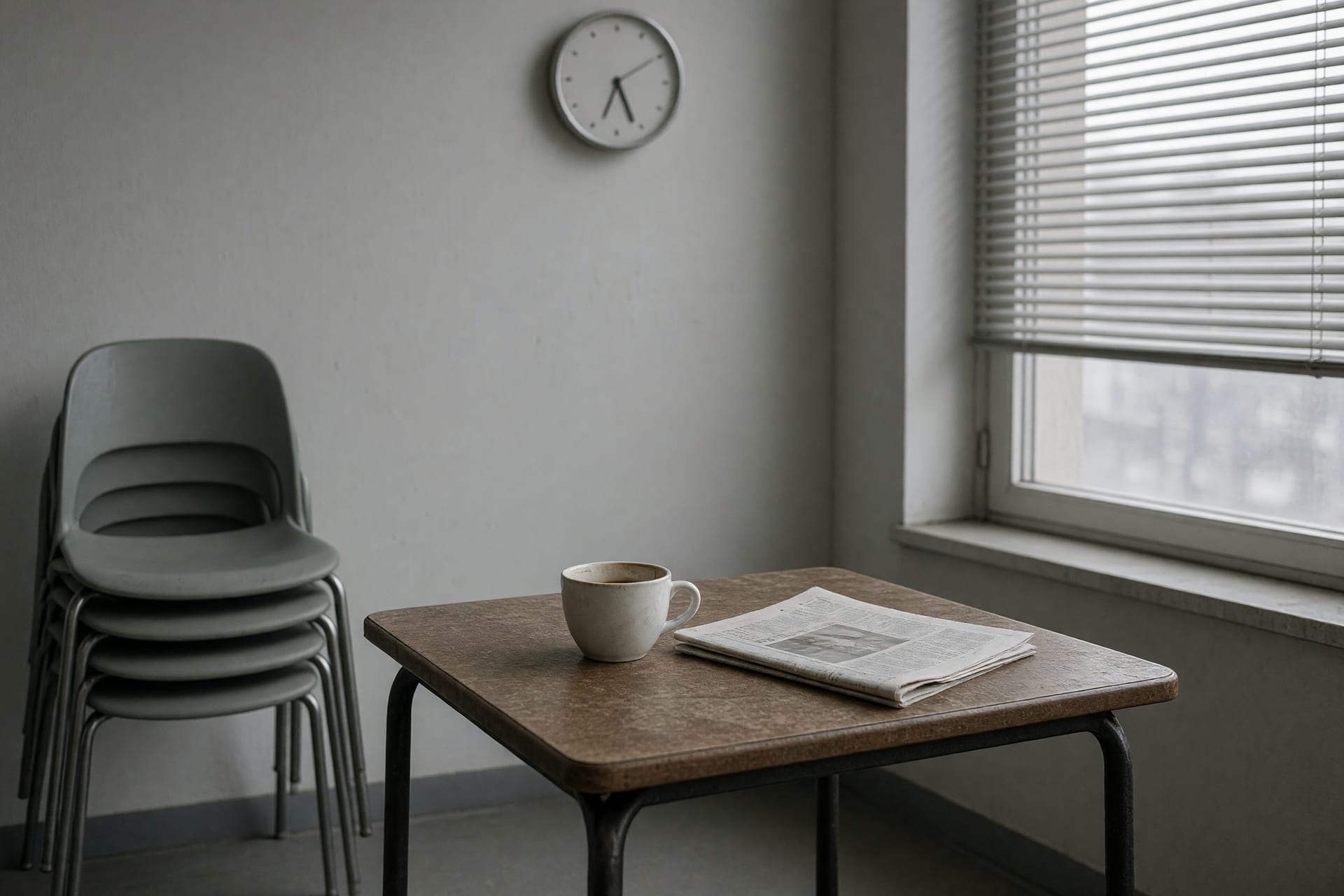 Leerer Pausenraum mit Stapelstühlen an der Wand, einem Tisch mit Kaffeebecher und einer Wanduhr.
