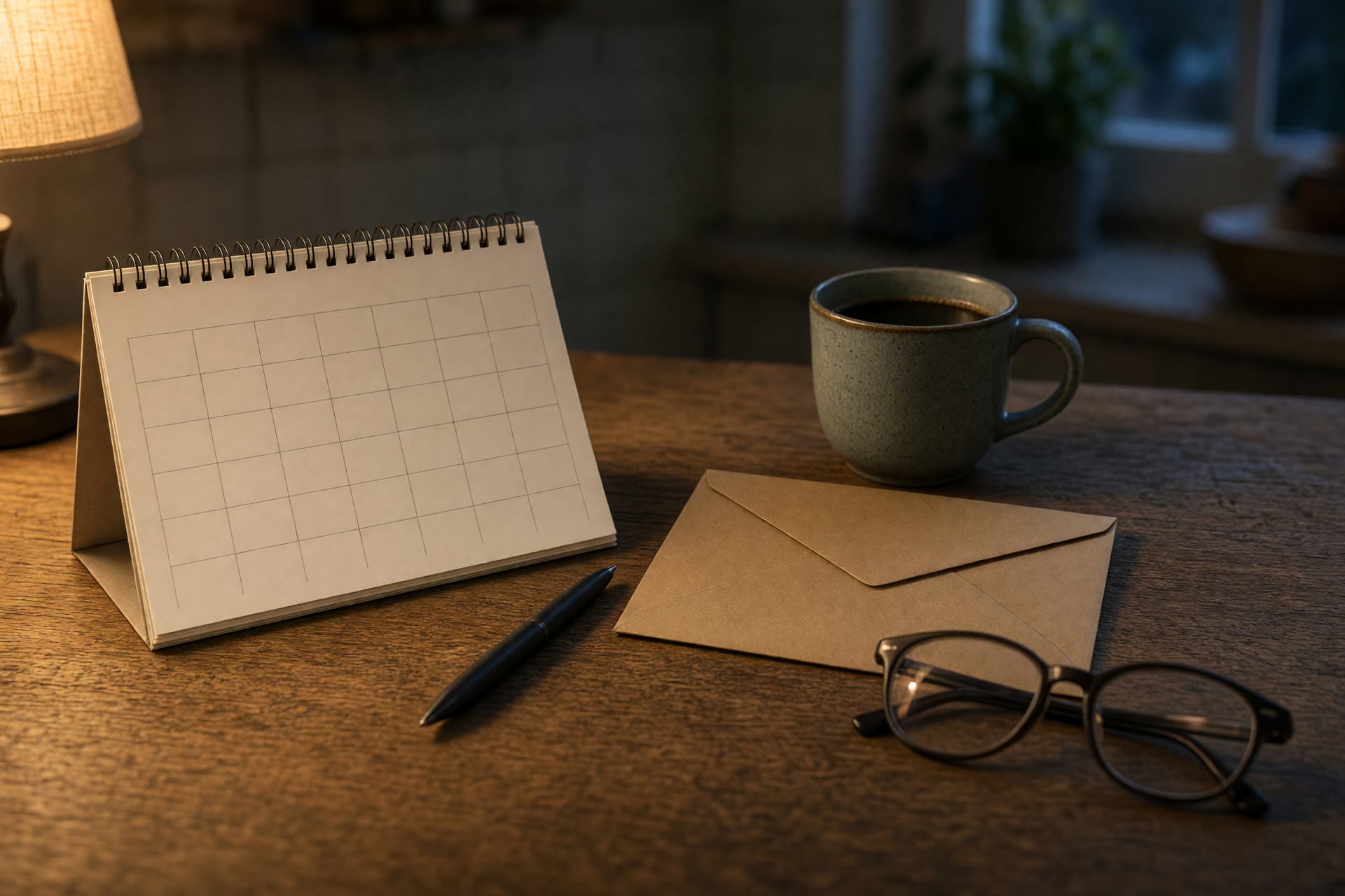 Auf einem Küchentisch liegen ein aufgeschlagener Kalender, ein Umschlag und ein Kugelschreiber neben einer Tasse Kaffee.