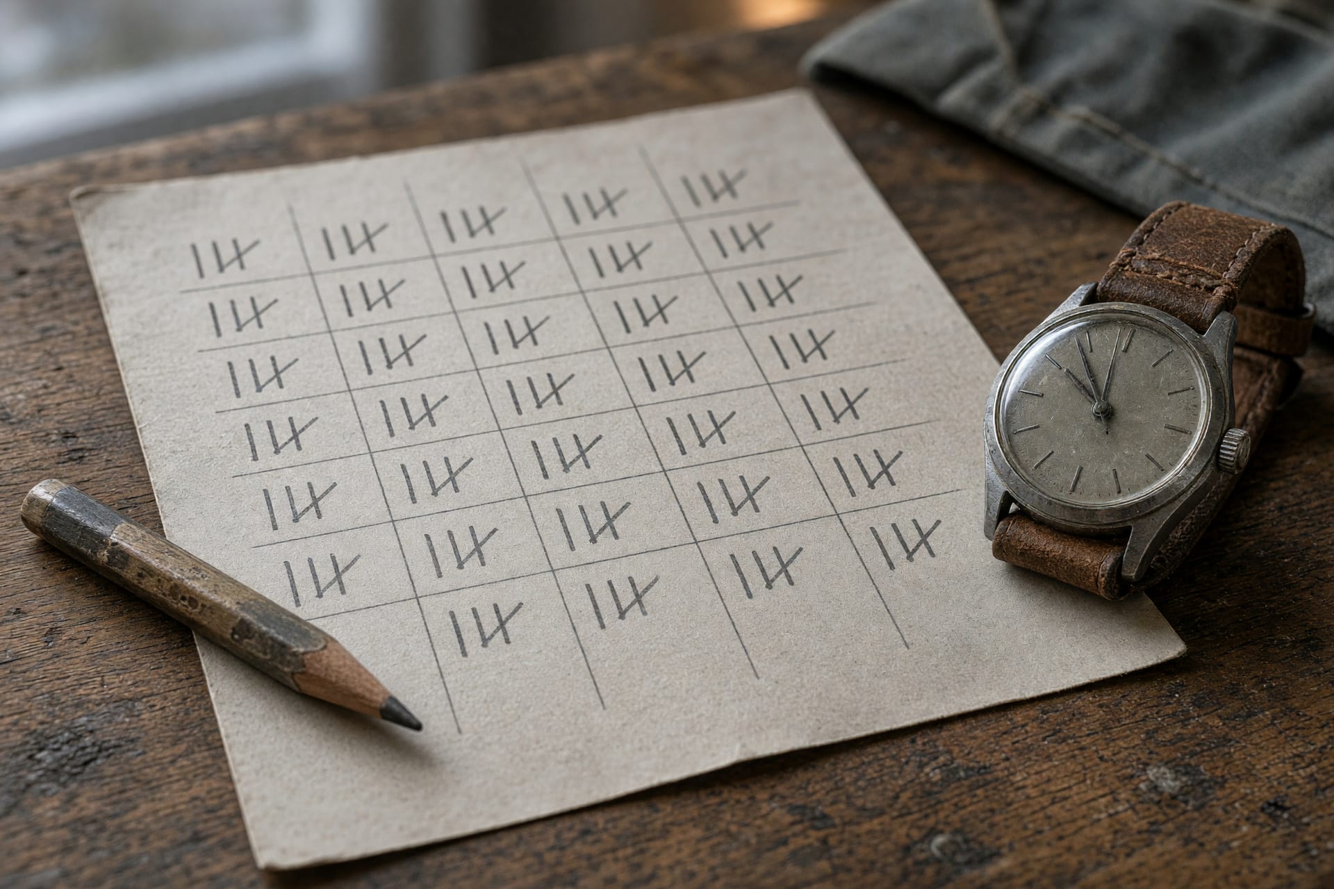 Nahaufnahme eines Stundenzettels mit handschriftlichen Strichen und einer daneben liegenden Armbanduhr.