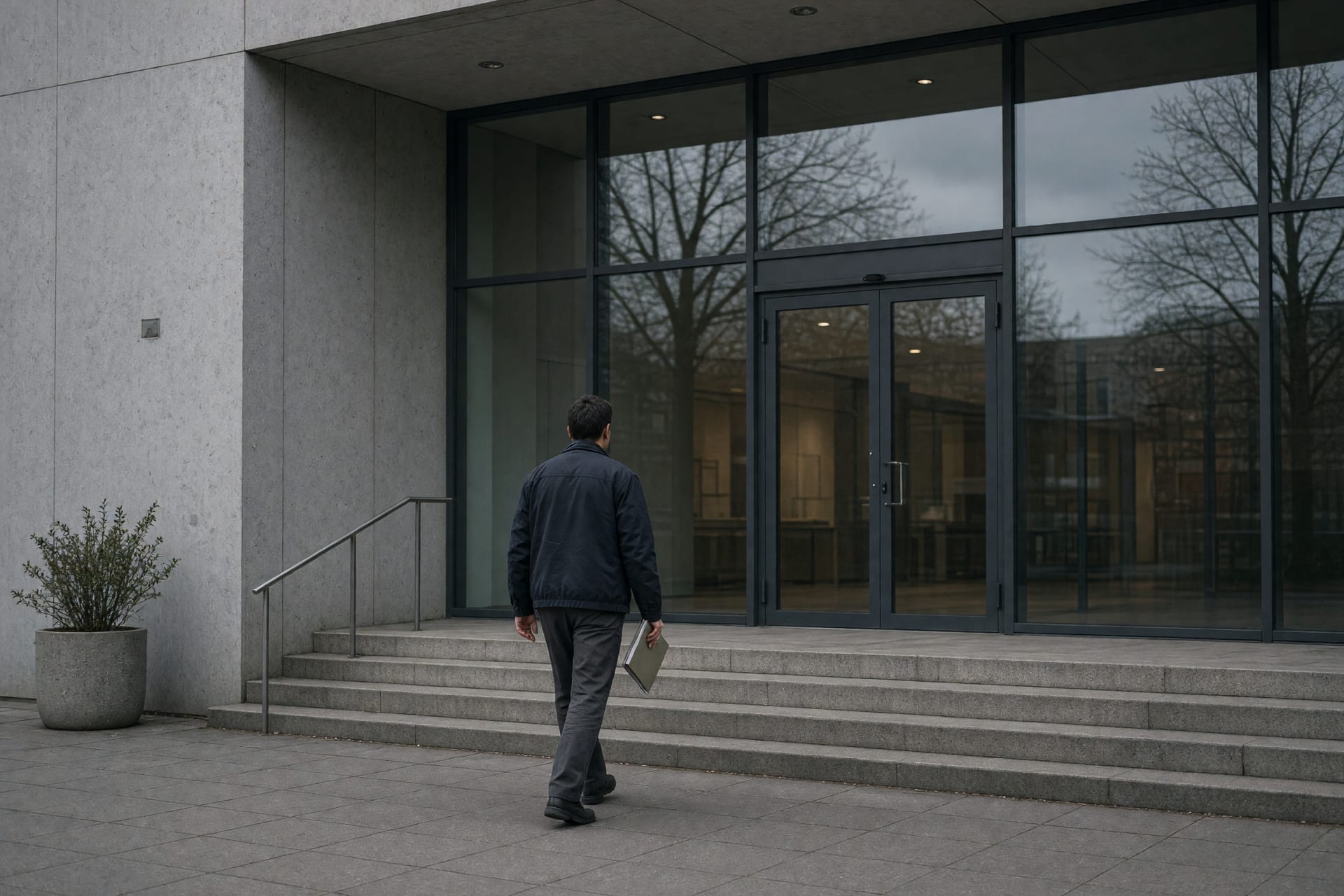 Eingang eines Verwaltungsgebäudes mit Glasfront, davor eine Person im Dienstkleidungsstil mit Aktenmappe im Morgenlicht.