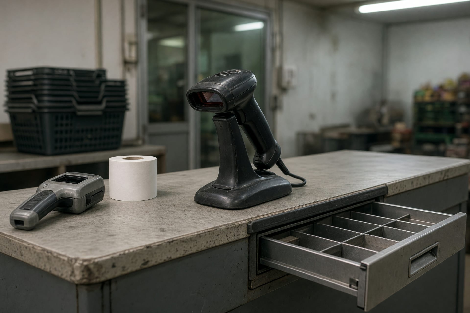 Kassentheke im Einzelhandel mit Handscanner, Kassenlade und einem Stapel Einkaufskörbe im Hintergrund.