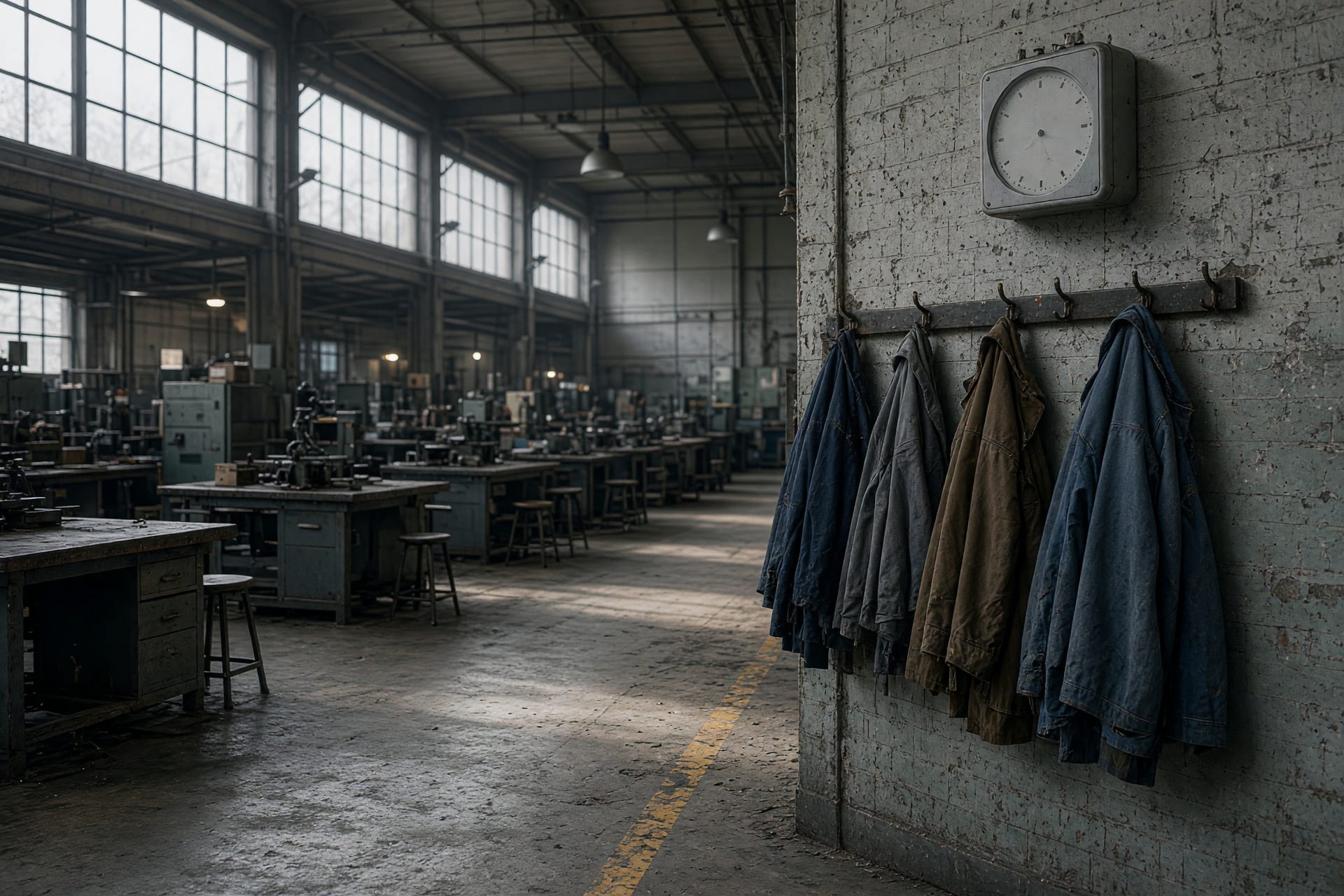 Werkshalle am Schichtende, leergeräumte Arbeitsplätze, eine Stechuhr an der Wand und Jacken an Haken.