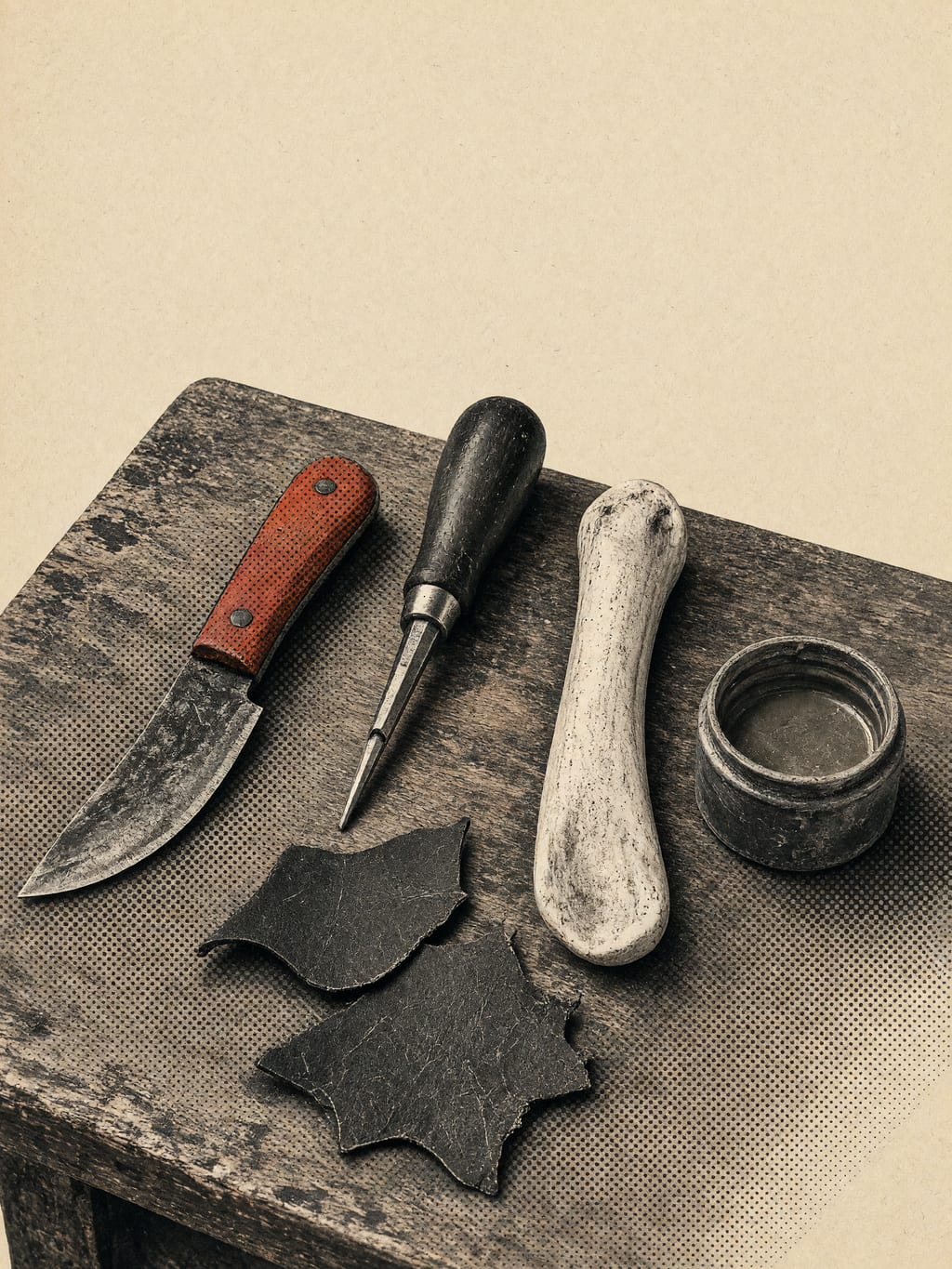 Hochformatige Collage mit Werkzeugen der Offenbacher Ledertäschnerei: Schärfmesser, Sattlerahle und ein Glättbein aus Knochen auf einer Werkbank.