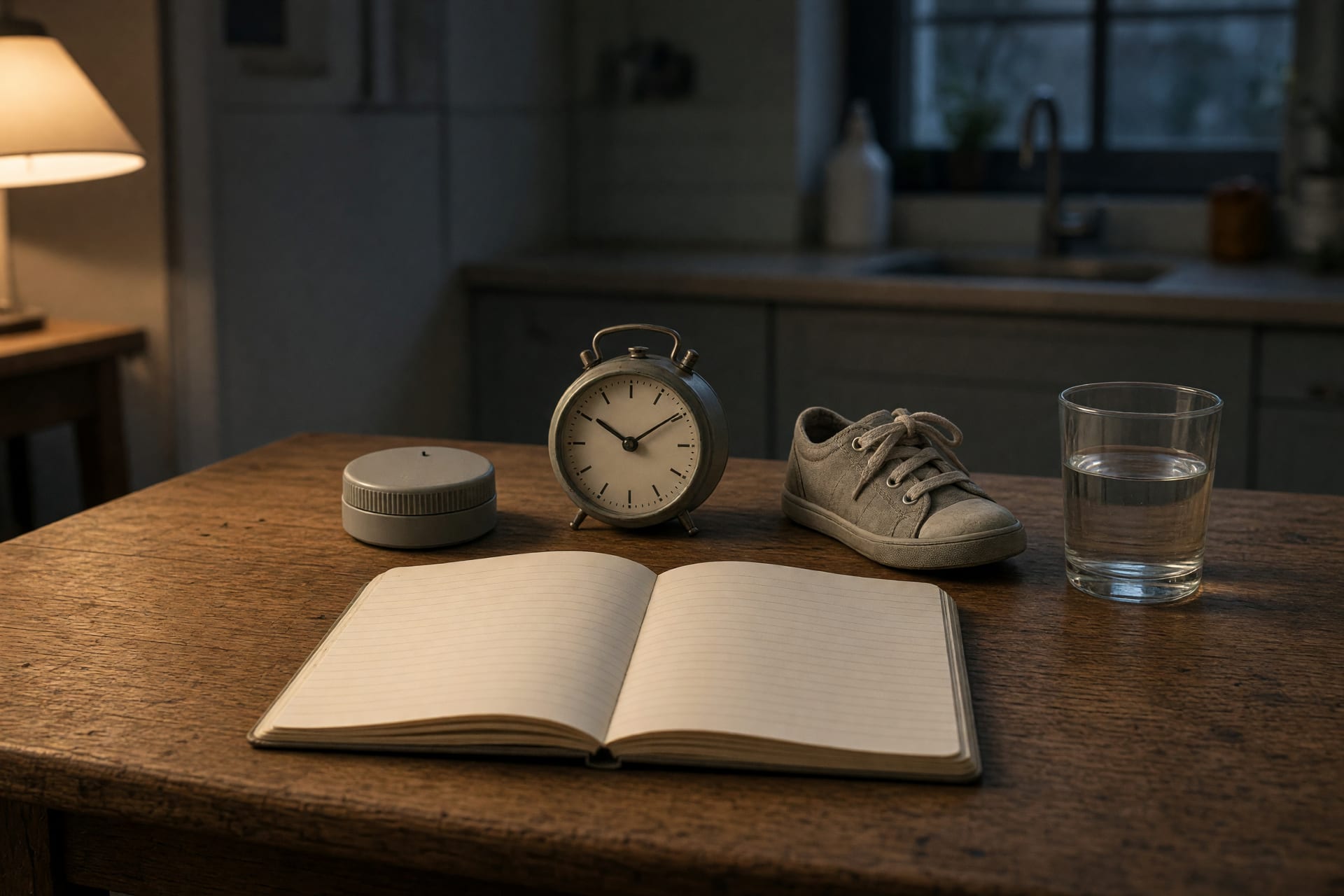 Blick auf einen Küchentisch mit einem aufgeschlagenen Notizbuch, einer Küchenuhr und einem Wecker, daneben ein Kinderschuh.