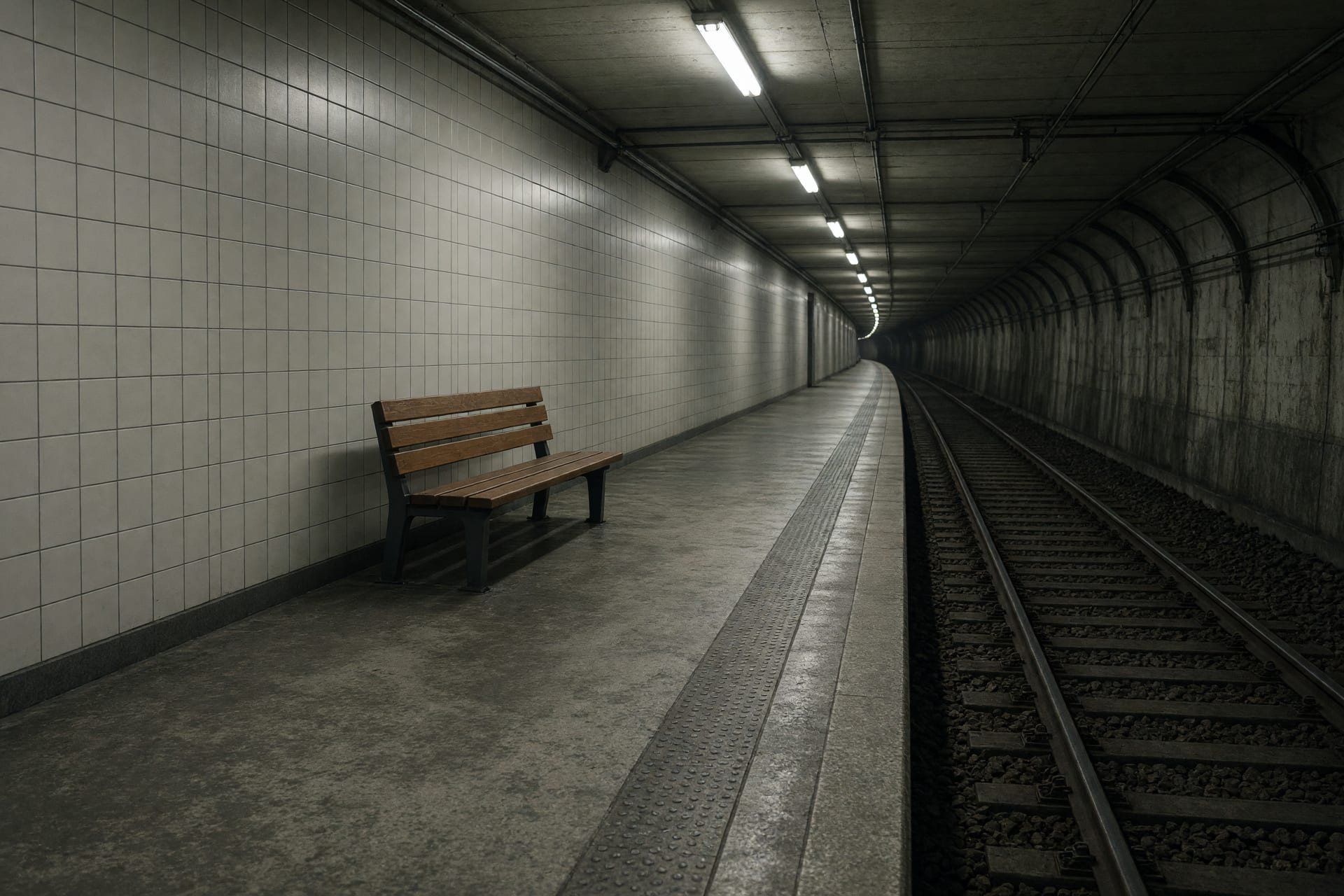 Verlassener unterirdischer S-Bahnsteig im kühlen Kunstlicht mit gefliesten Wänden, leerer Holzbank und dunklem Gleisbett.