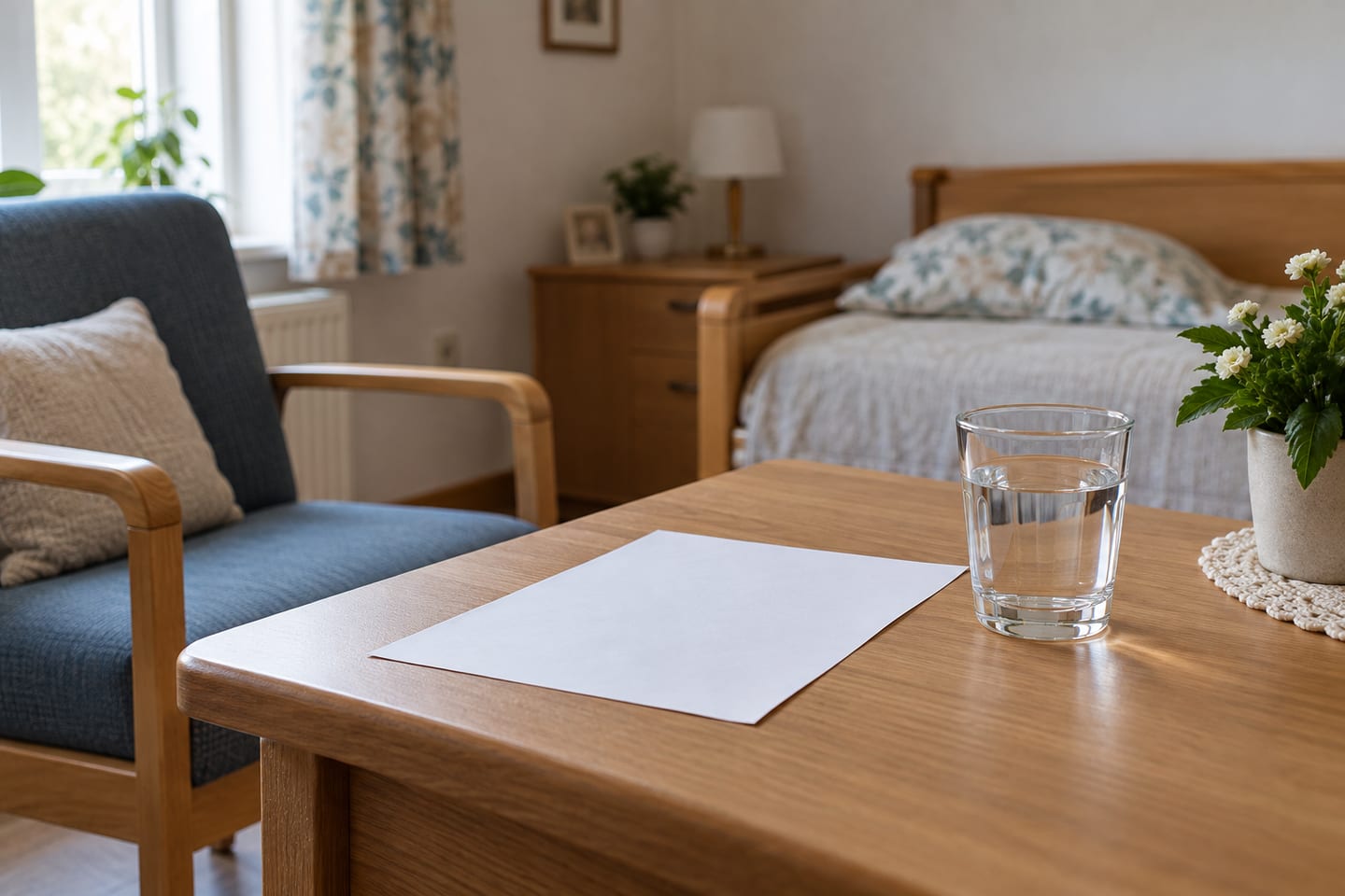 Ein unbeschriebenes Blatt Papier und ein Glas Wasser liegen auf einem schlichten Tisch in einem ruhigen Pflegezimmer.