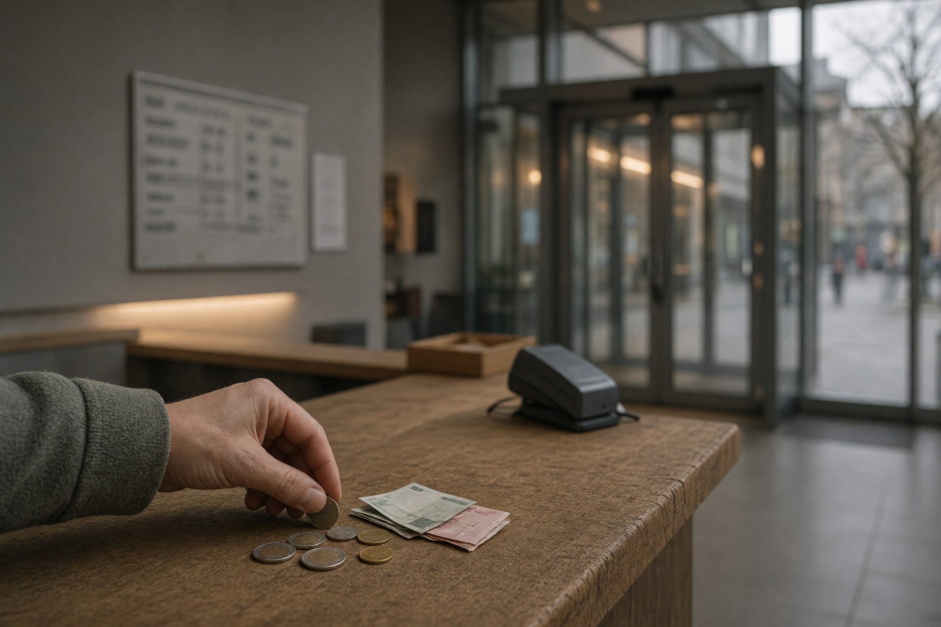 Kassenbereich eines städtischen Kunstmuseums am Nachmittag: Eine Hand zählt Münzgeld auf den Holztresen vor einer gedruckten Eintrittspreistafel.